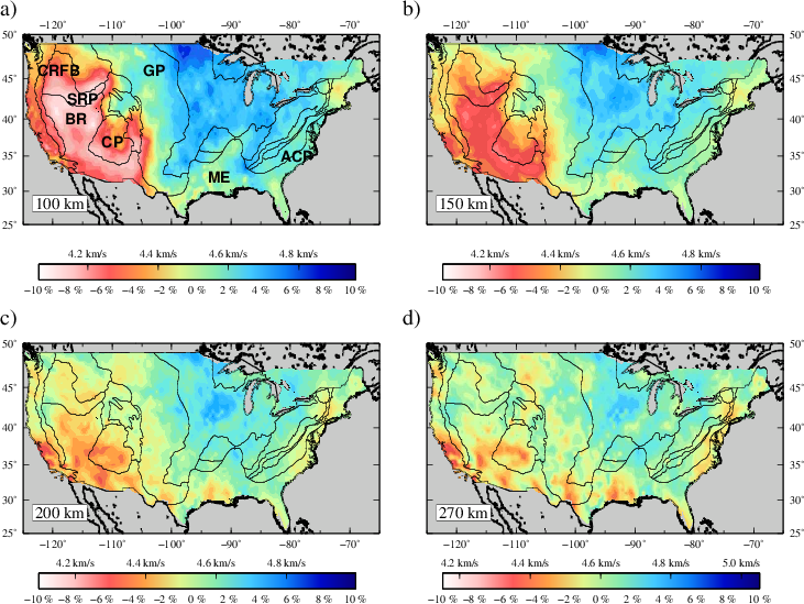 Maps of Vs structure in the upper mantle and major geological units modified from Fenneman (1917). The color bar labels are V S in km/s (top) and perturbation in percentage (bottom).