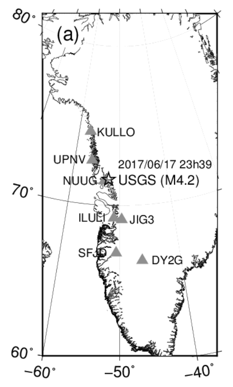 Figure 1 Greenland 地震台站和 2017 landslide 位置