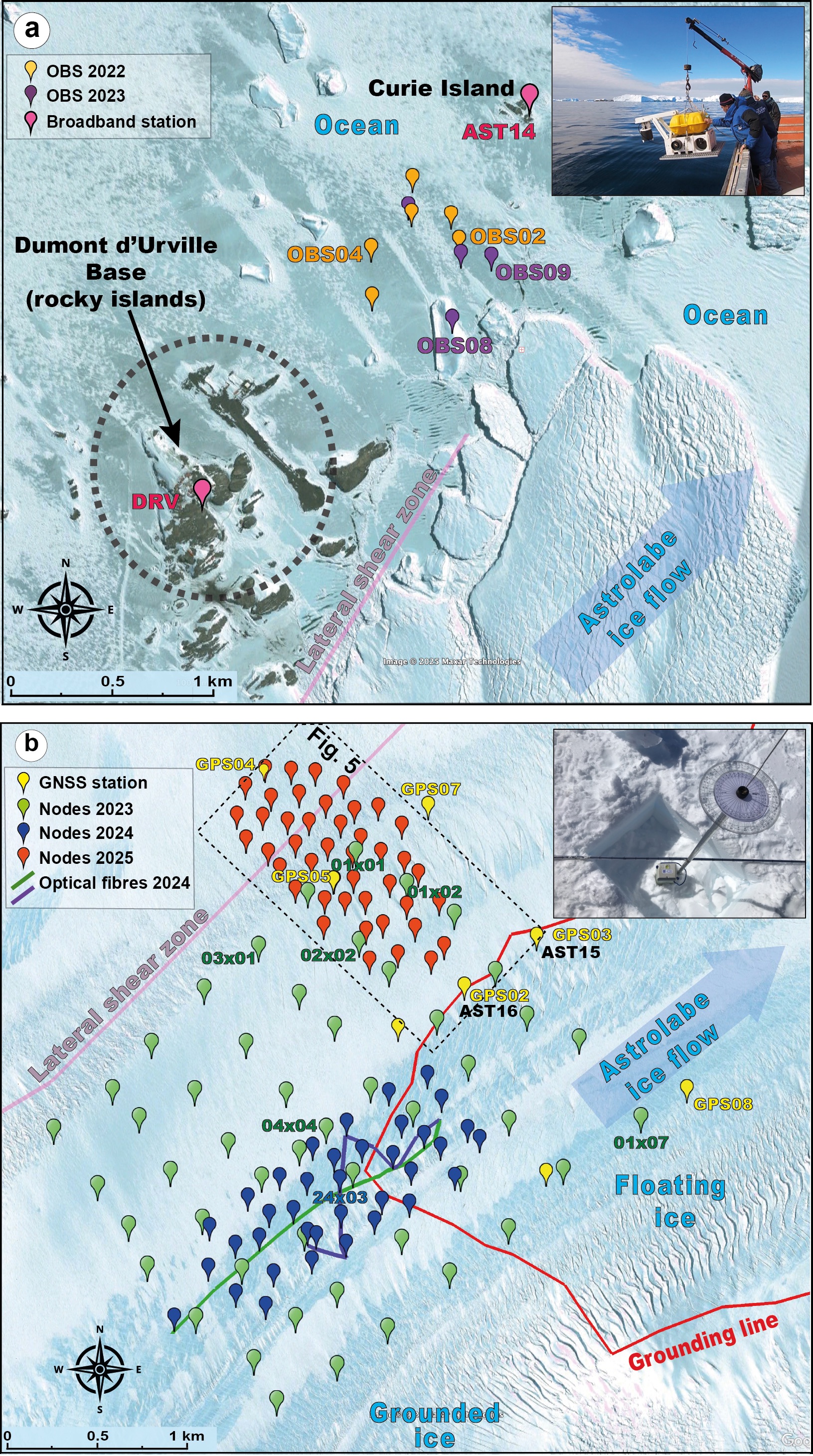 SEIS-ADELICE seismic, GNSS, OBS, node, and fibre-optic deployments around Astrolabe Glacier