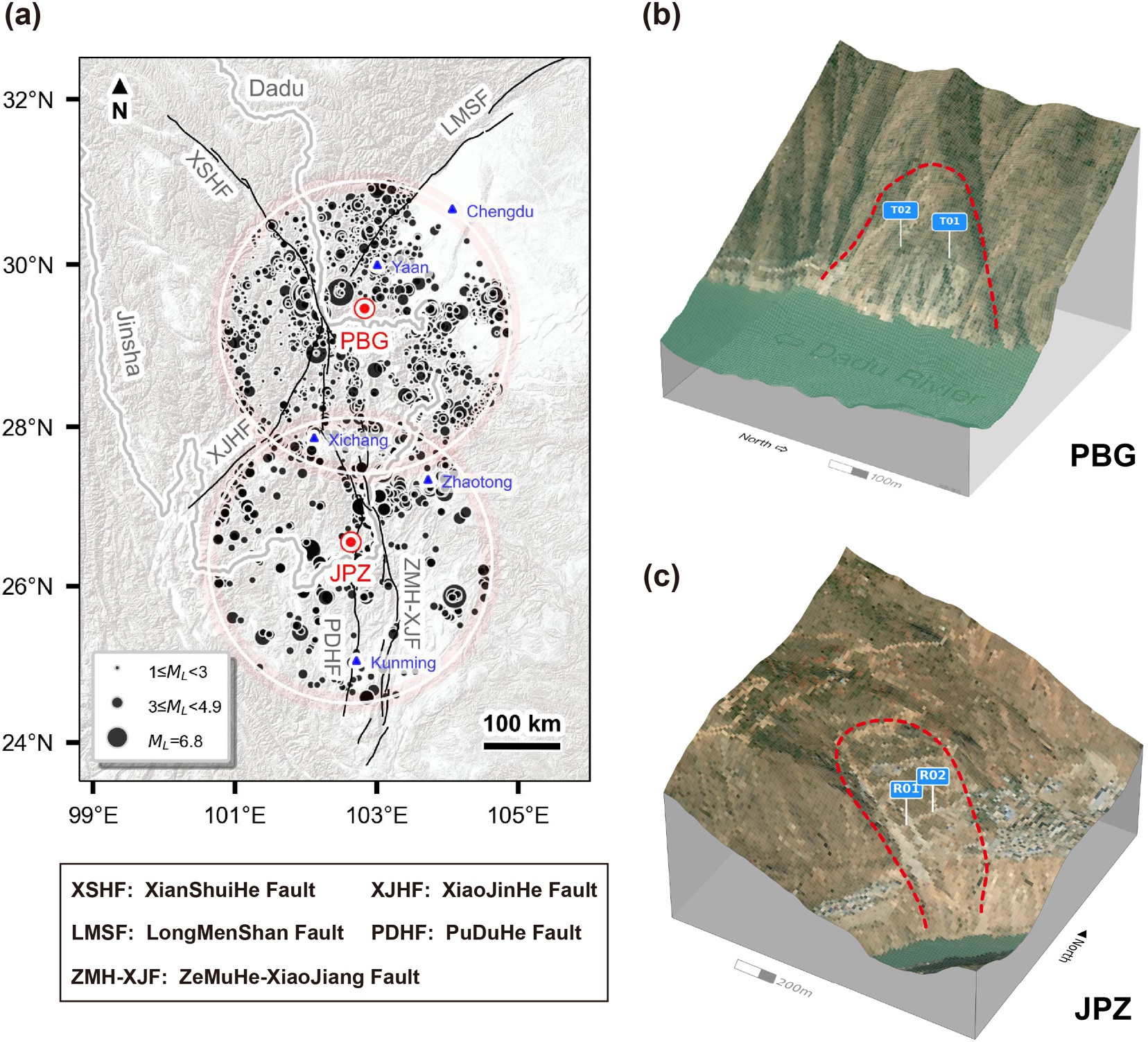 Tectonic setting and 3D terrain of the Pubugou and Jinpingzi slopes in southwest China